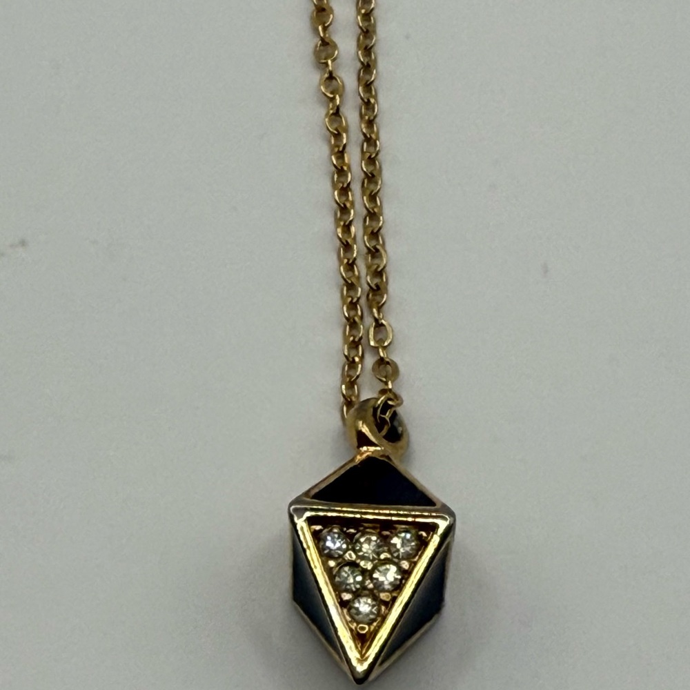 Vintage Dior Gold rhinestones, and black Triangle Pendant with chain Necklace - Picture 8 of 12